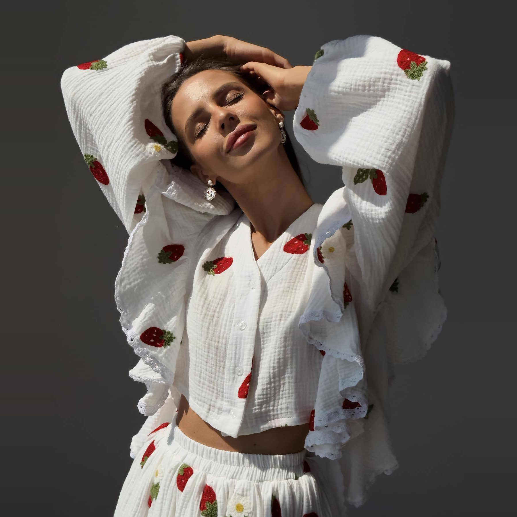European and American Fashion Cotton and Linen Ruffled Strawberry Print Short Skirt Loungewear Set Shirt and Skirt Set
