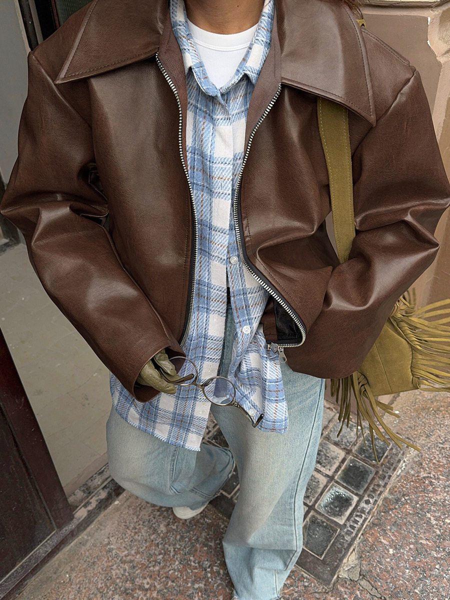 Кожаная куртка 欧美复古机车风酒红色皮衣女时髦哑光皮夹克外套女leather jacket