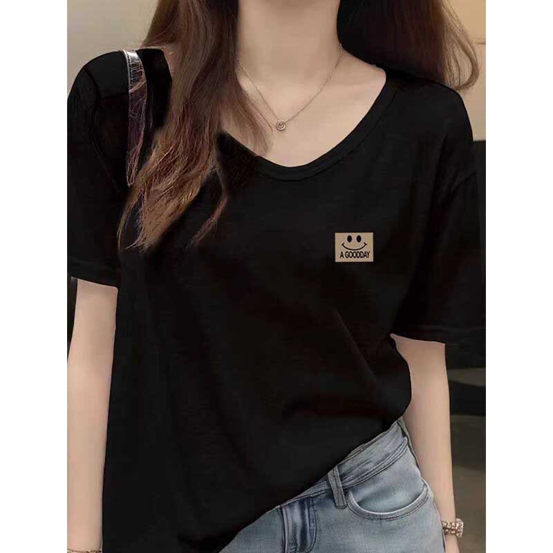 Bamboo Cotton Regular Shoulder V-Neck Short-Sleeve T-Shirt for Women, Loose, Casual, Fashionable, Versatile, Black, Slimming Top, Thin Style for Summer Bamboo Cotton Regular Shoulder V-Neck Short-Sleeve T-Shirt for Women, Loose, Casual, Fashionable, Versatile, Black, Slimming Top, Thin Style for Summer
