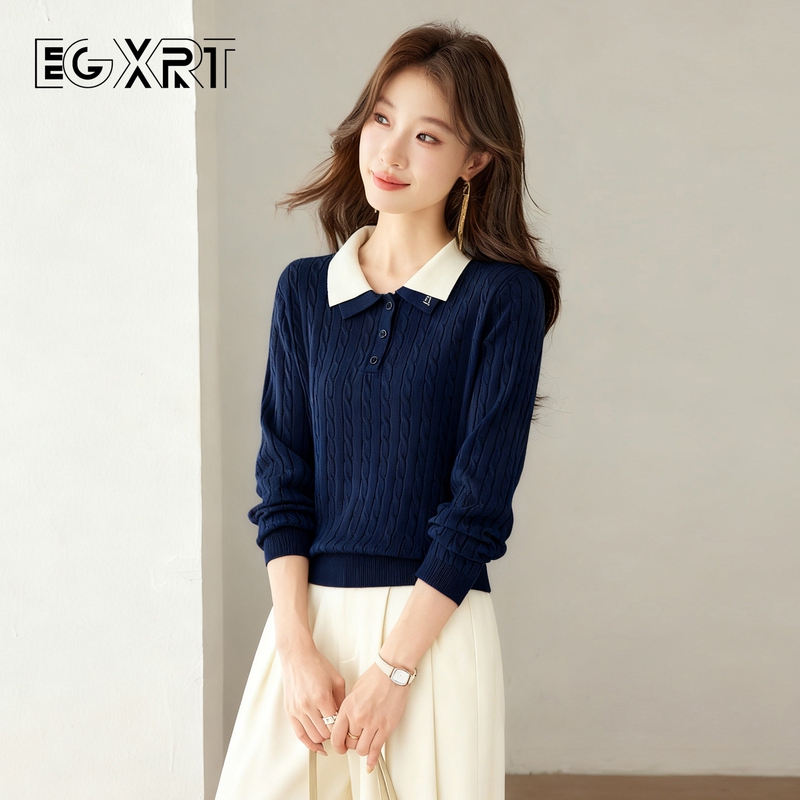 Polo Collar Long-Sleeve Knit Sweater for Women, New Spring and Autumn Style, Loose Fit, Slimming Effect, Stylish Turn-Down Collar Top, Youthful Sweater, Base Layer