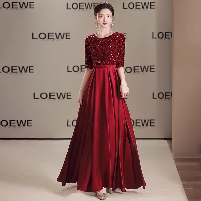Burgundy Choir Performance Dress Sequined Evening Gown Female Host Conductor Long Dress High-End Light Luxury Recital Competition