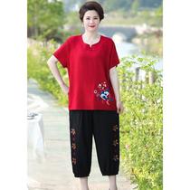 Fat Mom Summer Suit for Middle-aged and Elderly Women Plus Size Short-sleeved T-shirt Cropped Pants Two-piece Set Western Style