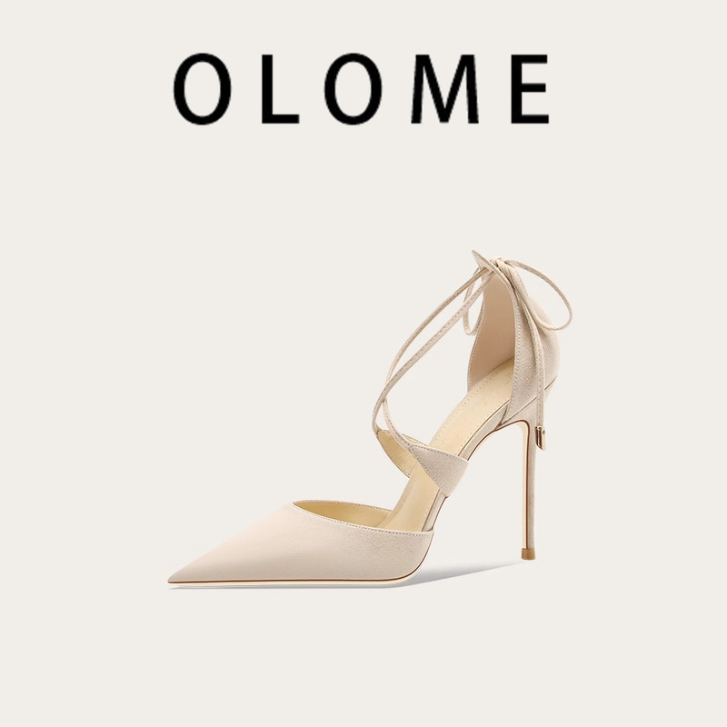 Olome Open-Toe Hollow Sandals for Women with Cross Straps, Lace-Up Bow, Suede Nude Beige High Heels