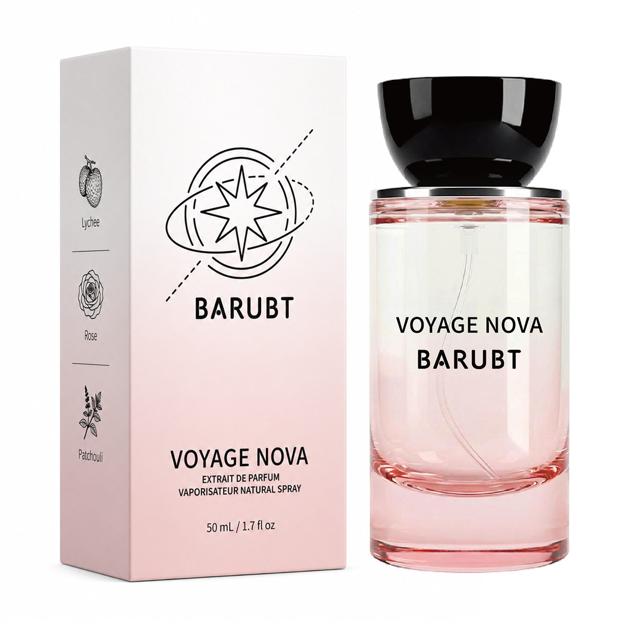 Voyage Nova perfume bottle and elegant gradient packaging display