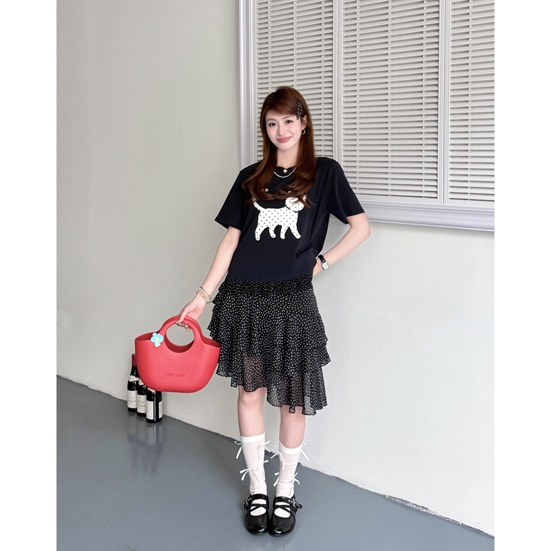 Xianzai【Alley Cat】Summer New Cat Print T-Shirt and Irregular Polka Dot Skirt Two-Piece Set