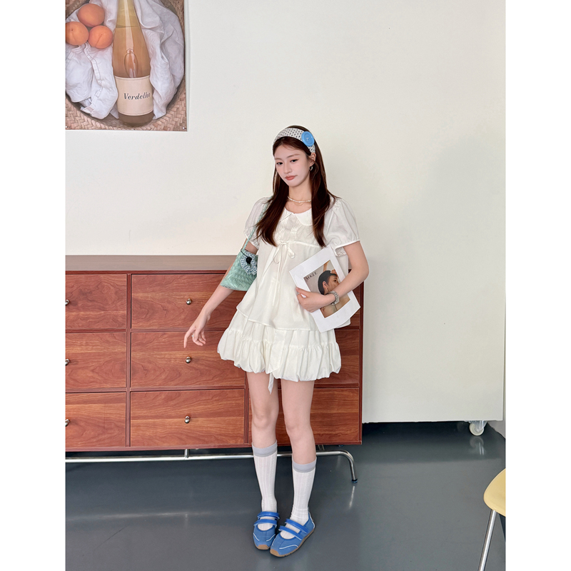 Xianzai【Baby Face】Summer New Style Doll Collar White Shirt Short-Sleeved Skirt Two-Piece Set X0115