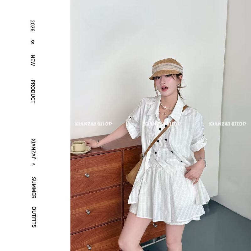 Xianzai【Cotton Cloud】Summer New Solid Color Casual Striped Shirt and Short Skirt Two-Piece Set X0133 Xianzai【Cotton Cloud】Summer New Solid Color Casual Striped Shirt and Short Skirt Two-Piece Set X0133