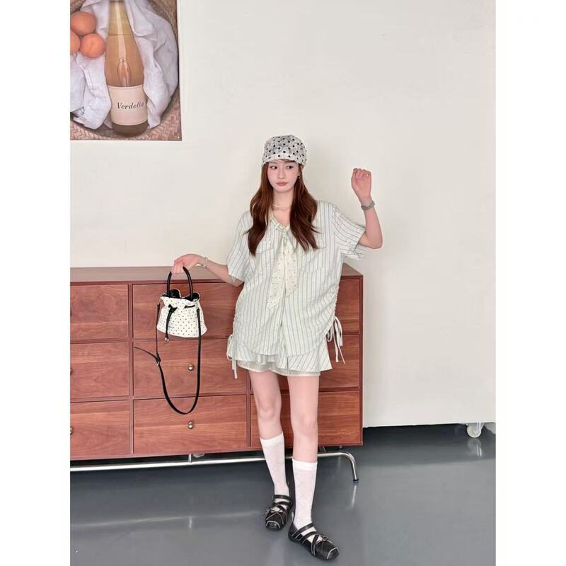 Xianzai【Green Grape Jelly】Summer New Style Vertical Striped Top, Polka Dot Silk Scarf, and Skirt Three-Piece Set X0145