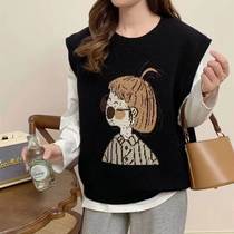 Spring 2024 New Korean Style Girls Embroidered Vest Female Loose Sweet Soft Waxy Round Neck Knitted Sweater Vest Trendy