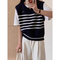 Korean style contrast striped round neck embroidered knitted vest top for women 2024 simple and versatile autumn and winter new round neck