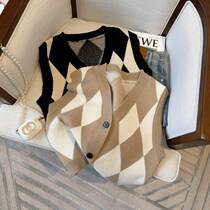 Spring and Autumn Black and White Diamond V-neck Knitted Cardigan Vest Womens Layered Sleeveless Vest Sweater Waistcoat Outerwear for Little People