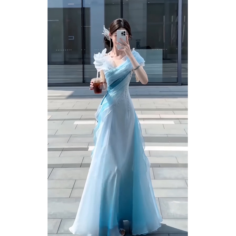Blue Ethnic Vocal Solo Performance Dress 2026 New High-End Light Luxury Guzheng Performance Host Evening Dress Blue Ethnic Vocal Solo Performance Dress 2026 New High-End Light Luxury Guzheng Performance Host Evening Dress