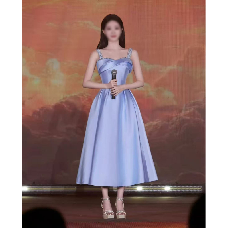 Blue Host Evening Dress 2026 New High-End Light Luxury Niche Spaghetti Strap Sequin Coming-Of-Age Satin Dress Blue Host Evening Dress 2026 New High-End Light Luxury Niche Spaghetti Strap Sequin Coming-Of-Age Satin Dress