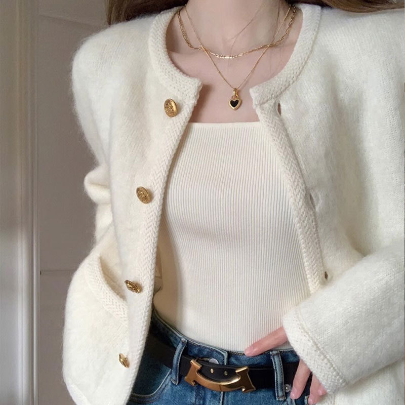 White Chanel-Style Knitted Cardigan Sweater for Women, Autumn and Winter Thickened Mohair, Petite and Elegant Short Top