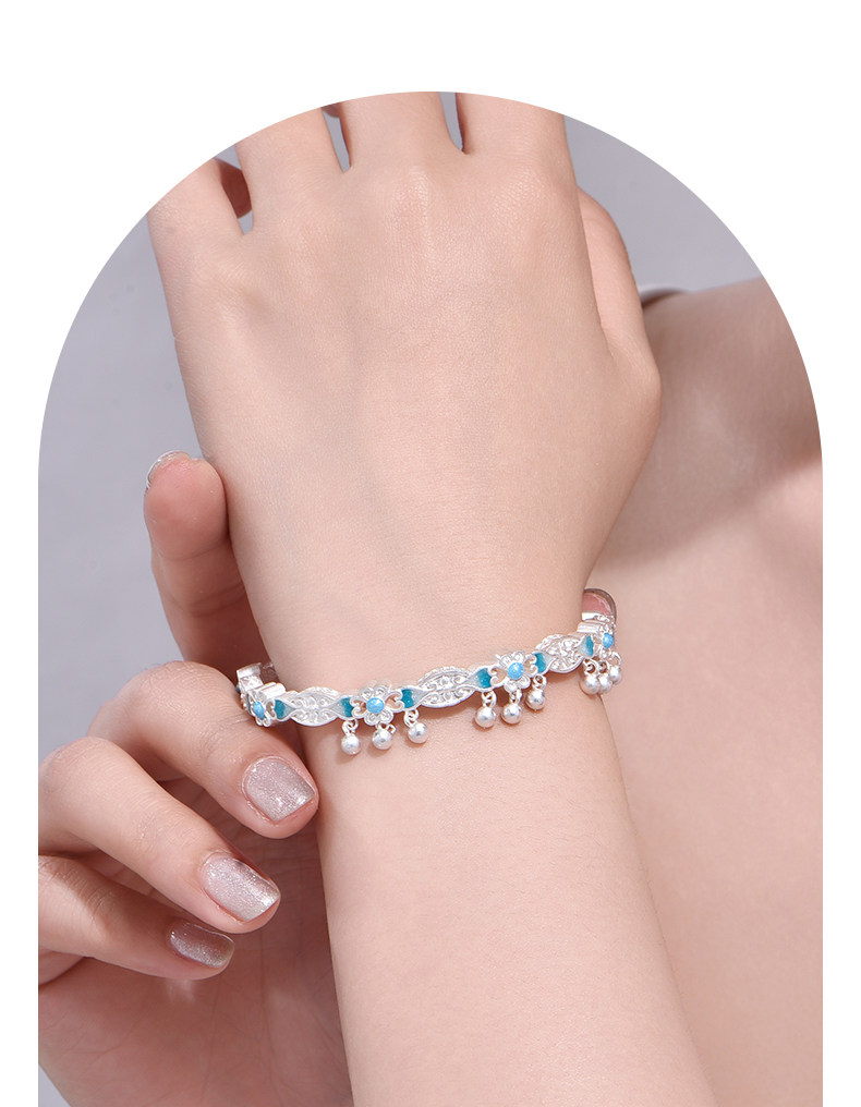 银饰手镯 中国黄金珐琅蓝楹花手镯银手镯银镯子足银999手镯送女友七夕礼物 China Gold