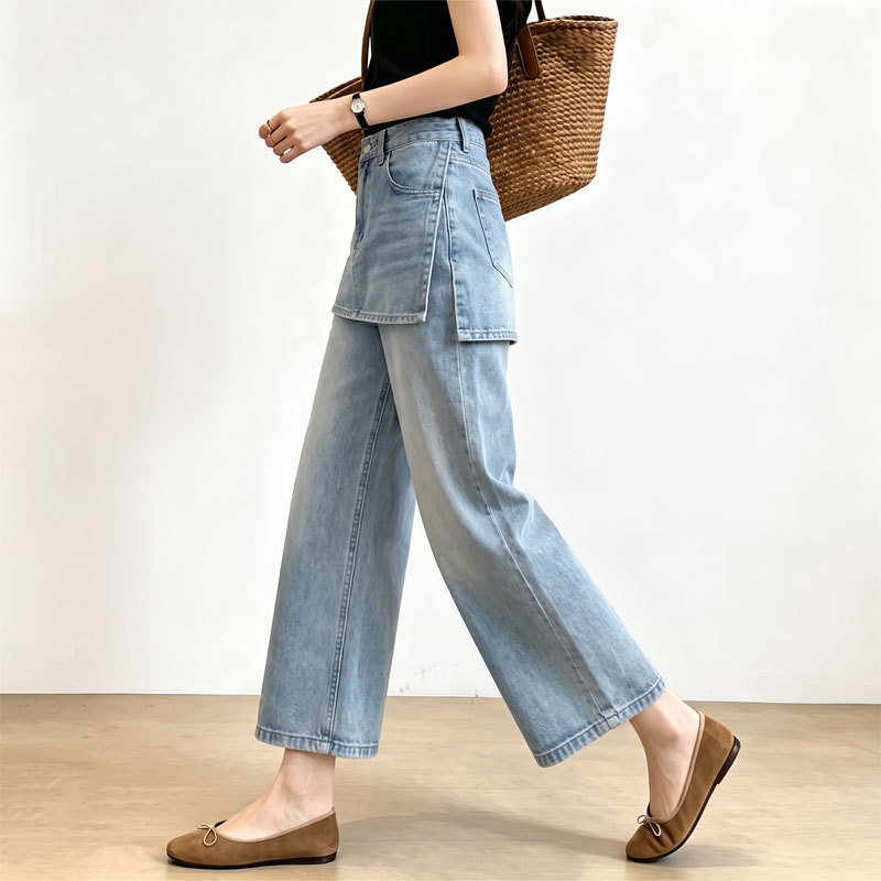 Korean Style Design Blue Denim Pants for Women 2026 Summer New Style Hip-Covering Slimming Versatile Casual Cropped Pants
