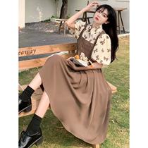 Japanese milky sweet suspender skirt summer French elastic waist splicing fake two-piece dress covering the belly and slimming design skirt