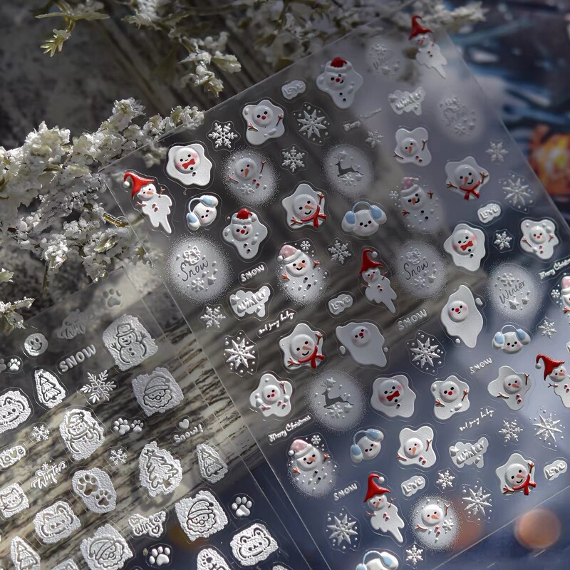Winter White Snowflake Nail Stickers Embossed 3D Christmas Melting Snowman Adhesive Waterproof Nail Decorations