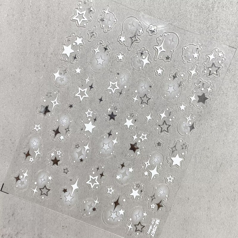 Silver Hollow Star Nail Art Stickers with Embossed Three-Dimensional Gradient Starburst Five-Pointed Star Adhesive Waterproof Nail Decoration