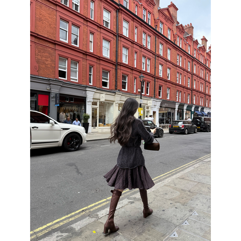 Fleme Muye's "Muykesga" Gentle and Fashionable Pleated Texture Copper Ammonia Split Ruffle Midi Skirt Fleme Muye's "Muykesga" Gentle and Fashionable Pleated Texture Copper Ammonia Split Ruffle Midi Skirt