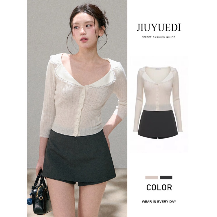 Jiuyuedi Late September Doll Collar Knit Sweater for Women, Three-Quarter Sleeves, Slim Fit, Lace Splicing Top Two-Piece Set Jiuyuedi Late September Doll Collar Knit Sweater for Women, Three-Quarter Sleeves, Slim Fit, Lace Splicing Top Two-Piece Set