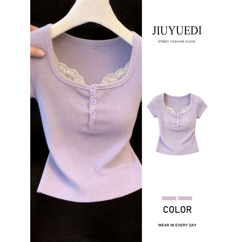 Jiuyuedi Late September Pure Desire Purple Lace Splicing Knitted Short-Sleeved Women's Summer Square Neck Design Slimming Top Jiuyuedi Late September Pure Desire Purple Lace Splicing Knitted Short-Sleeved Women's Summer Square Neck Design Slimming Top