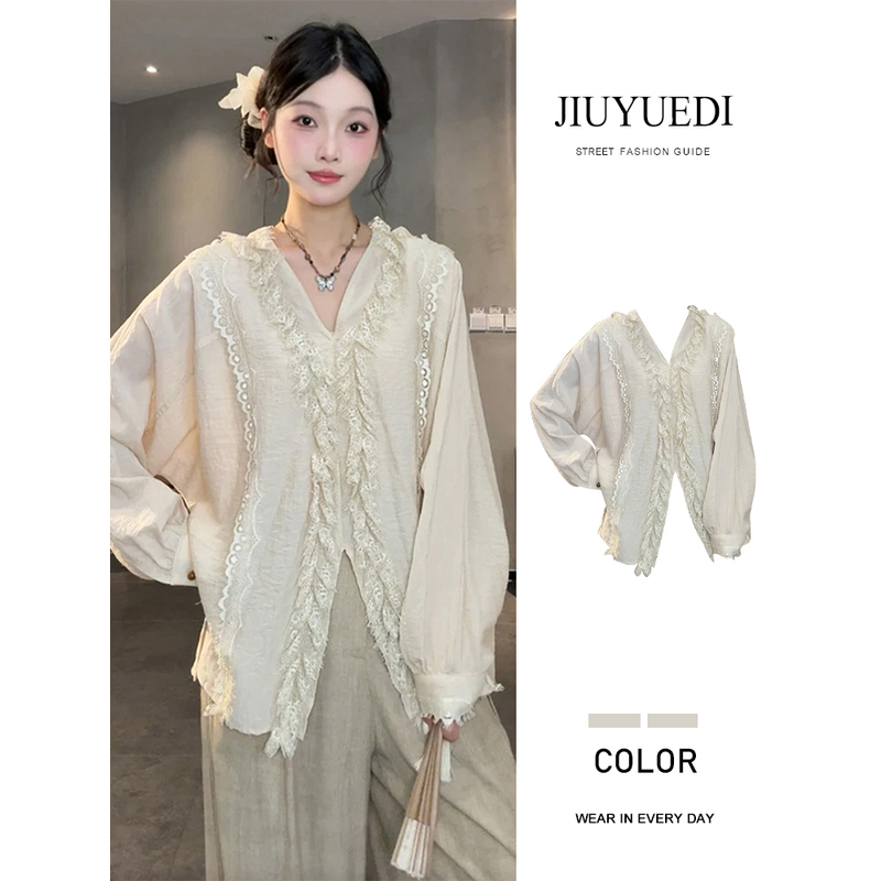 Jiuyuedi Late September French-Style Lace Patchwork Slit V-Neck Long-Sleeve Shirt Loose Versatile Women's Top