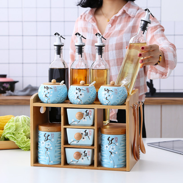 Kitchen ceramic seasoning box, salt tank, oil bottle, creative seasoning tank sealed tank storage box storage rack combination