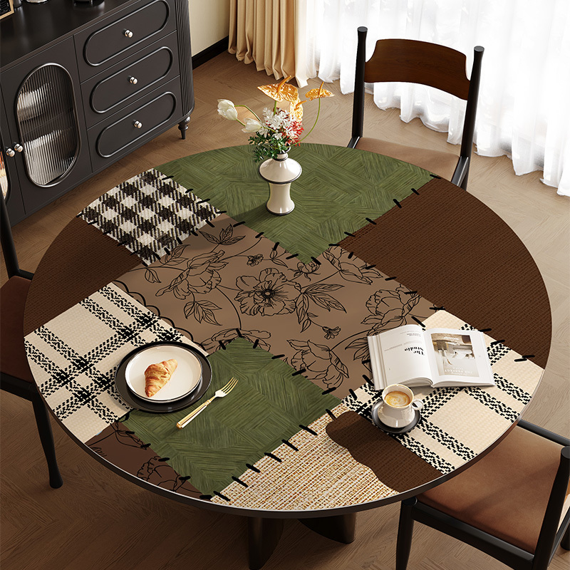 French-Style Floral Patchwork Round Tablecloth, Waterproof, Oil-Proof, Washable, Round Dining Table Mat, Heat-Resistant Round Coffee Table Protector