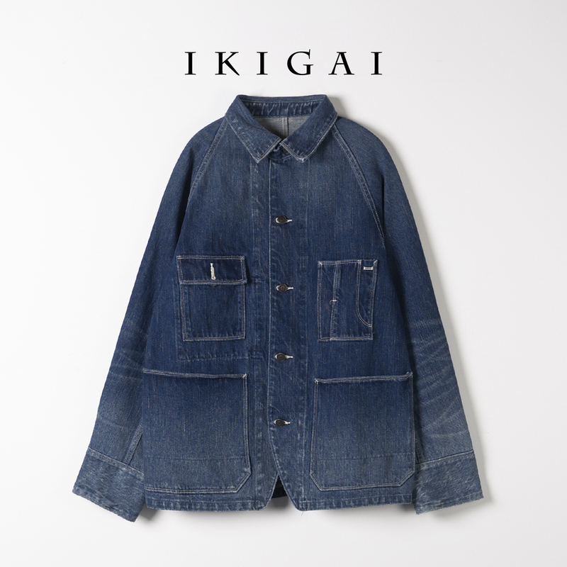Ikigai Large Pocket Unisex Washed Blue Denim Oversized Jacket