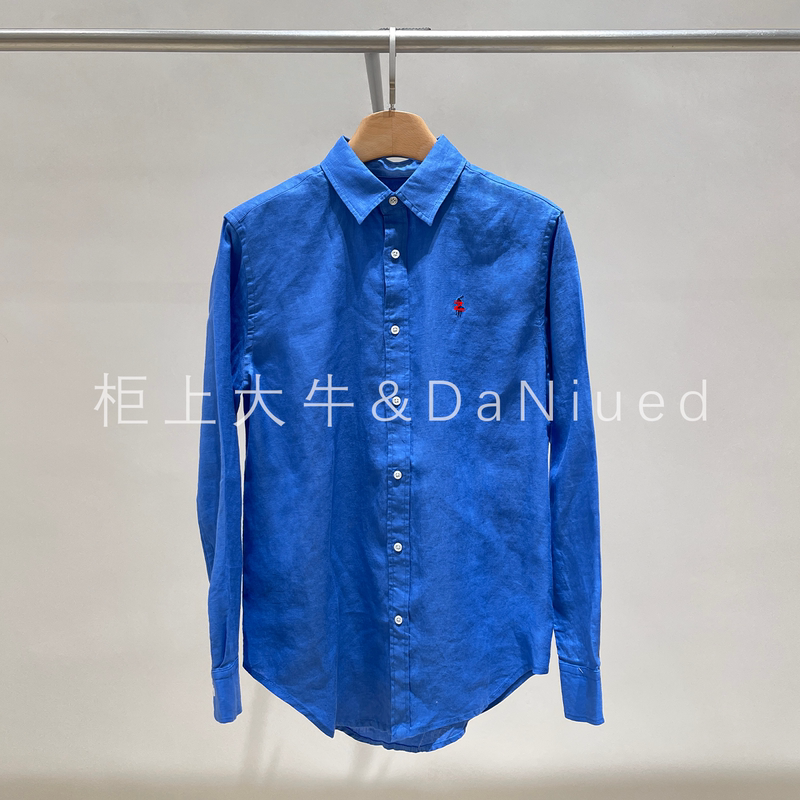 Rl Original 26 Autumn New Style Old Money Style Klein Blue Classic Version Linen Long-Sleeved Shirt Top