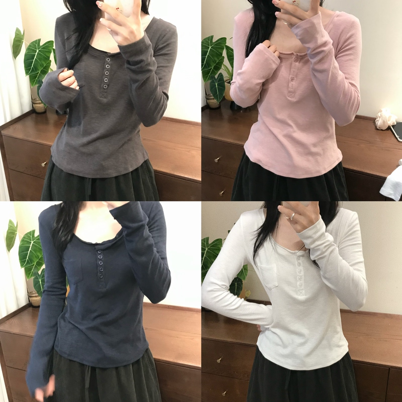 Long-Sleeve T-Shirt for Women, Large Round Neck, 5-Button Pocket, Henley Shirt, Slim Fit, Slimming Base Shirt, Solid Color Top, Simple Style P