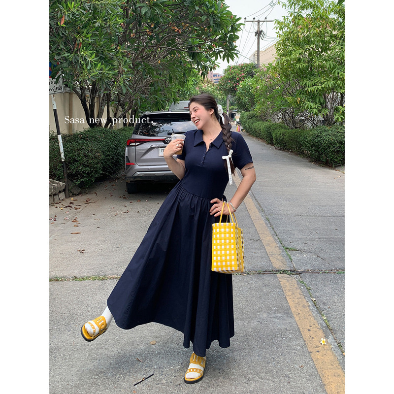 Li Sasa 4/23 Soft and Skin-Friendly Polo Collar Shirt Dress, Slimming Long Dress with a Large Hem