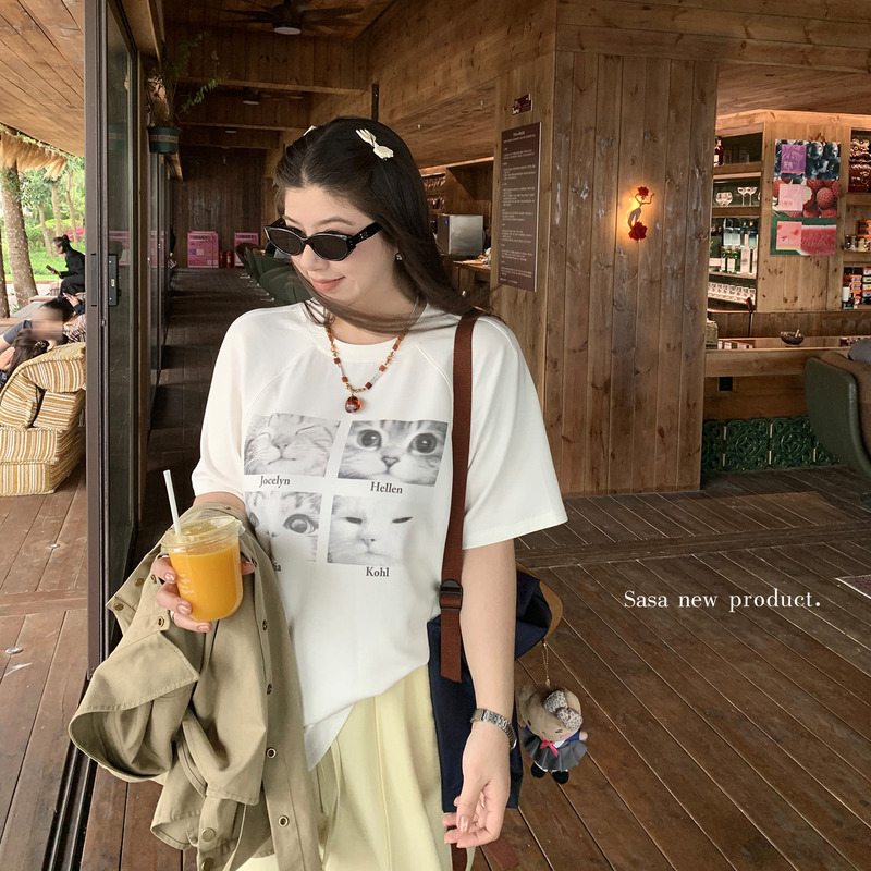 Li Sasa Tencel Raglan Sleeve Printed T-Shirt for Women, Spring and Summer, Slightly Loose Design, Short-Sleeve Top
