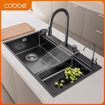 Cabei sink large single tank 304 stainless steel side drainage waterfall sink kitchen dishwashing sink under counter basin