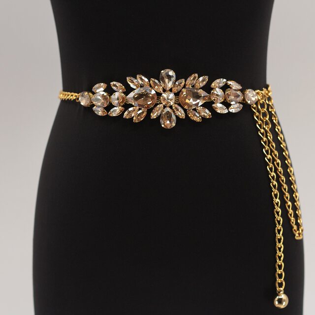 New Style Women's Rhinestone-Embellished Chain Belt, High-End Gold Waist Chain, Fashionable Dress and Evening Dress Accessories for Women