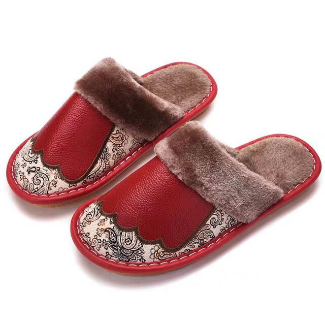 Haining Genuine Leather Home Indoor Leather Slippers, Winter Warm Non-Slip Slippers for Men and Women, Couple's Plush Bedroom Cotton Slippers