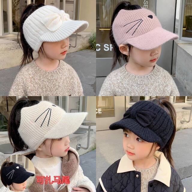 Children's Hats for Autumn and Winter, Cute Girls' Cat-Style Open-Top Knitted Hat, Warm and Fleece-Lined for Winter, Windproof, Can Be Tied into a Ponytail