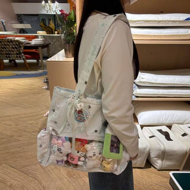 Mint Green Star-Patterned Japanese-Style School-Style Single-Shoulder Canvas Bag for Daily Commuting, Large Capacity Glove Tote Women's Bag