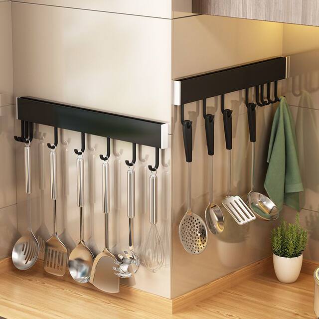 New Kitchen Hook Rack Wall-Mounted Space Aluminum Utensil Holder for Hanging Spoons and Spatulas, No-Drill Storage Rack