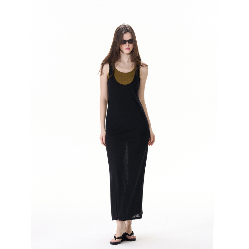 Miss Change “Glimpse of Light” Linen-Feel Camisole Fake Two-Piece Dress for Women, Waist-Slimming Long Dress
