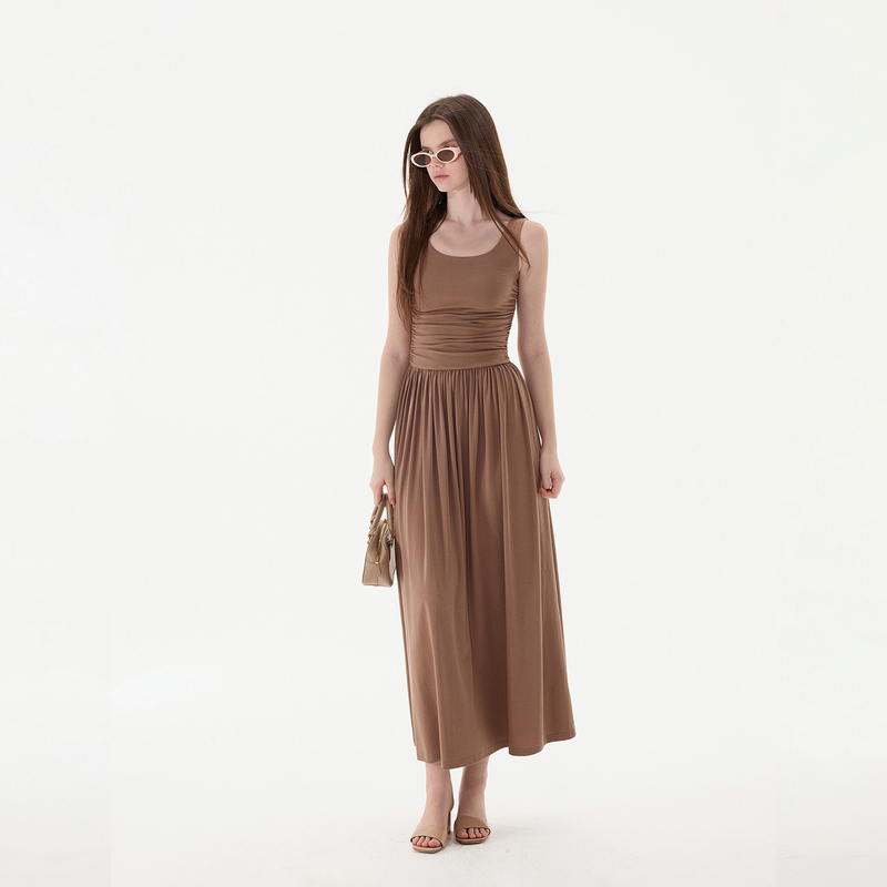 Miss Change “Earl Grey” Designer Pleated Soft Ruched Square Neckline Full-Length Midi Dress