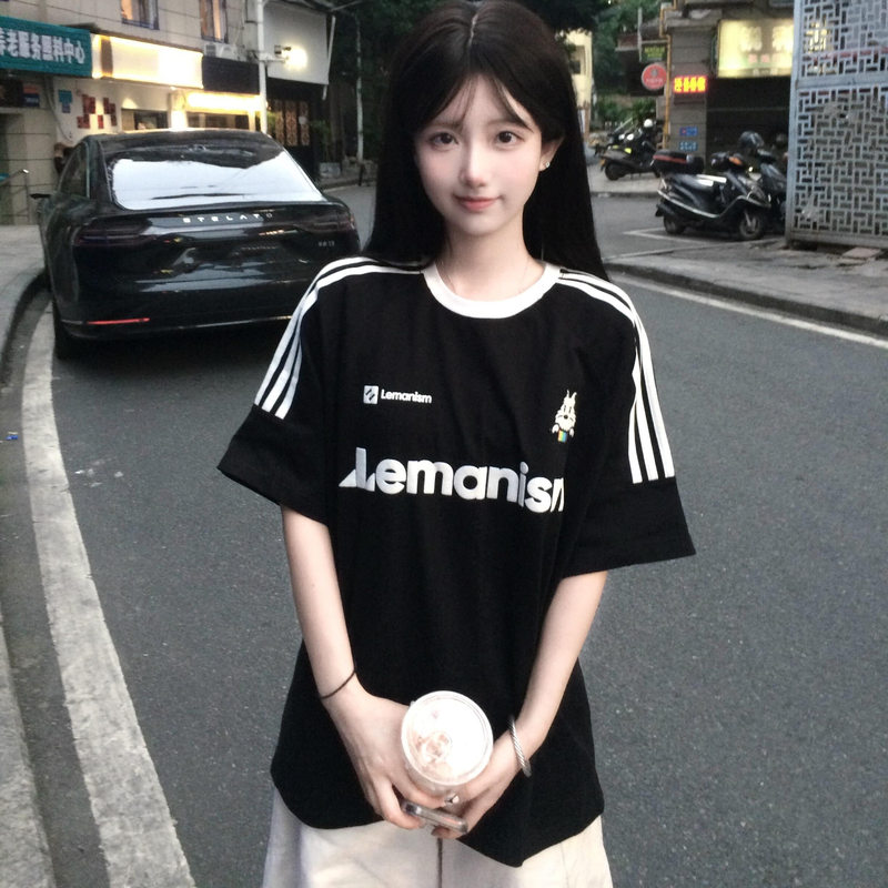 American Retro Black Three-Stripe Short-Sleeved T-Shirt for Women, Summer Wear for Older Children, Junior High School and High School Students, Loose Half-Sleeved Top