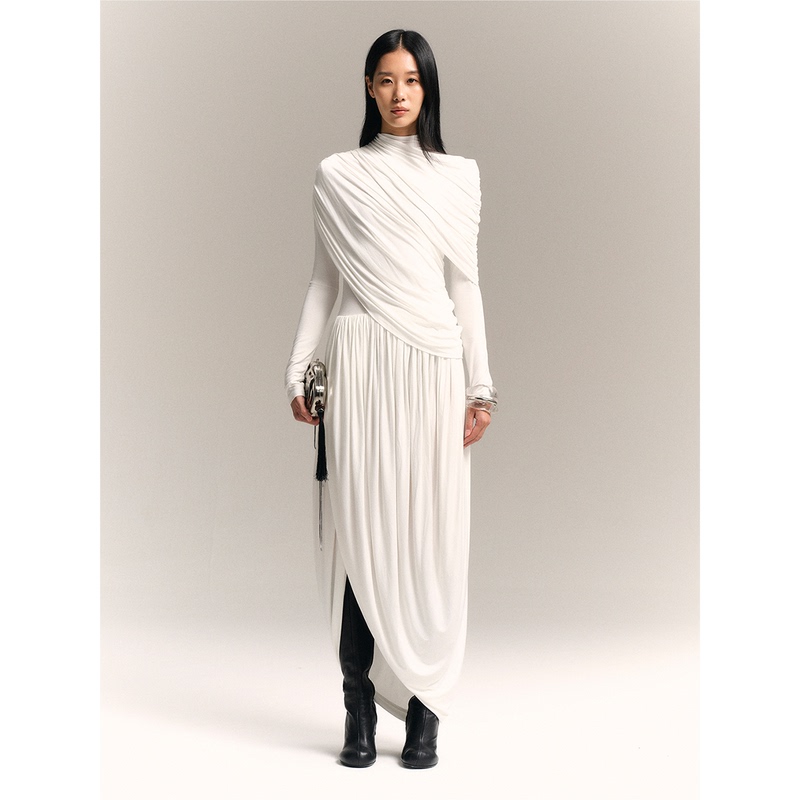 Dionys* Sculptural Pleated Diagonal Wrap-Style Flower Bud Dress