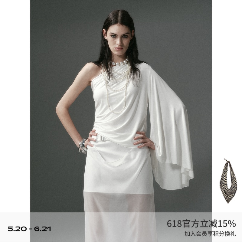 "Xu Ruohan's Same Style" Dionys* Asymmetrical Pleated Sculptural Off-Shoulder Single-Sleeve T-Shirt, One-Shoulder Pleated Top
