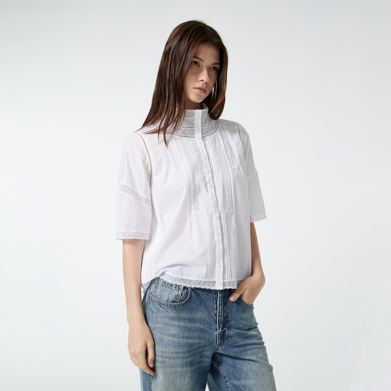 【New Product】Rure Renaissance-Style French Lace Patchwork Thin Cotton Mid-Sleeve Shirt 【New Product】Rure Renaissance-Style French Lace Patchwork Thin Cotton Mid-Sleeve Shirt