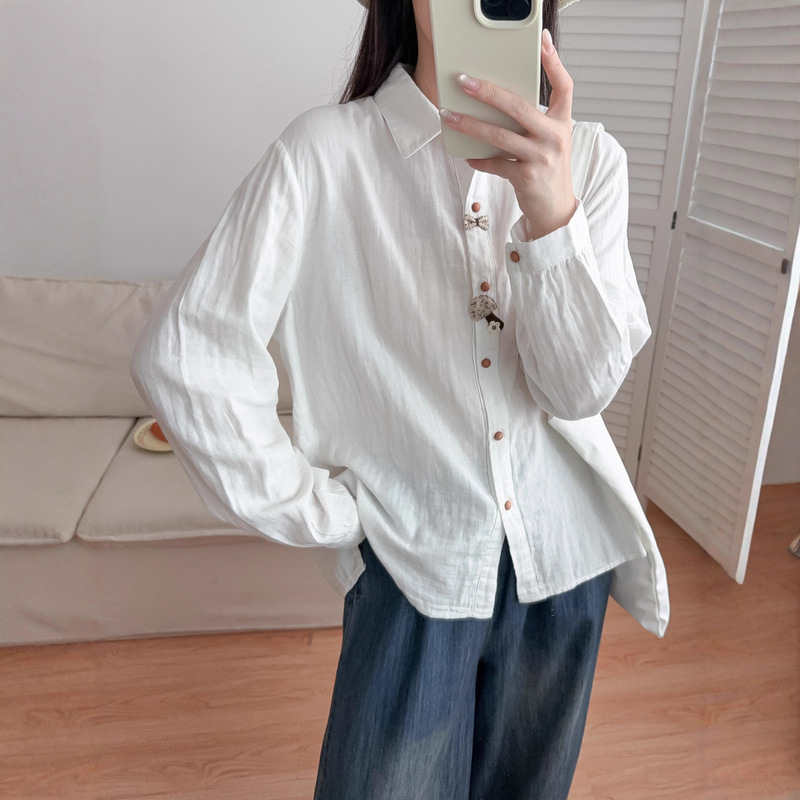 9551 Artistic Mushroom Button Decorative Breathable Cotton Long Sleeve Shirt for Women 2025 Autumn New Slimming Top 9551 Artistic Mushroom Button Decorative Breathable Cotton Long Sleeve Shirt for Women 2025 Autumn New Slimming Top