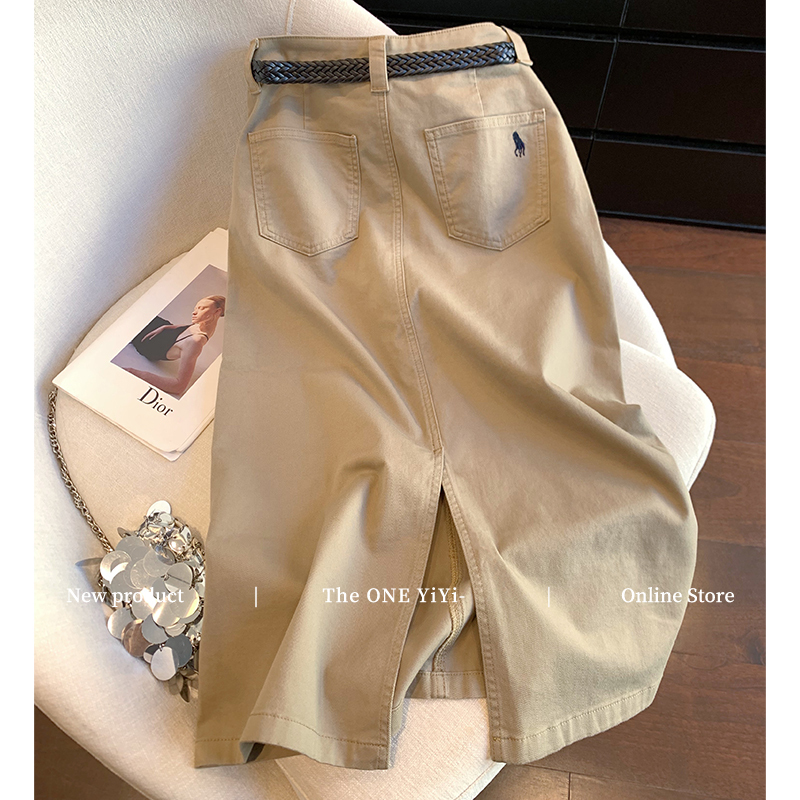 Khaki Pony Embroidery High-Waisted Skirt for Women, Summer 2026 New Casual Slimming Retro Slit Pencil Skirt