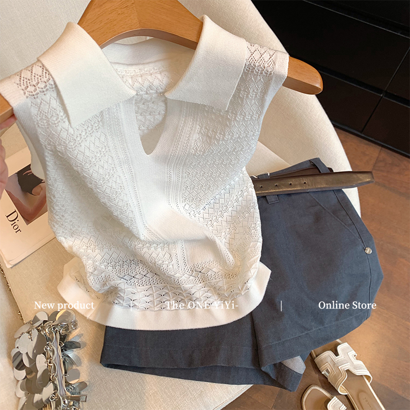 White Polo Collar Hollow Out Sleeveless Knitted Vest for Women Summer 2026 New Korean Style Elegant Slimming Short Top White Polo Collar Hollow Out Sleeveless Knitted Vest for Women Summer 2026 New Korean Style Elegant Slimming Short Top
