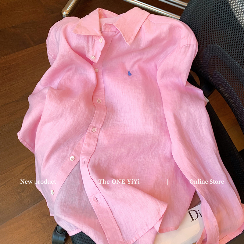 Pink Vintage-Style Embroidered Lapel Linen Shirt for Women, Early Autumn 2026, New High-End Relaxed and Elegant Loose Shirt